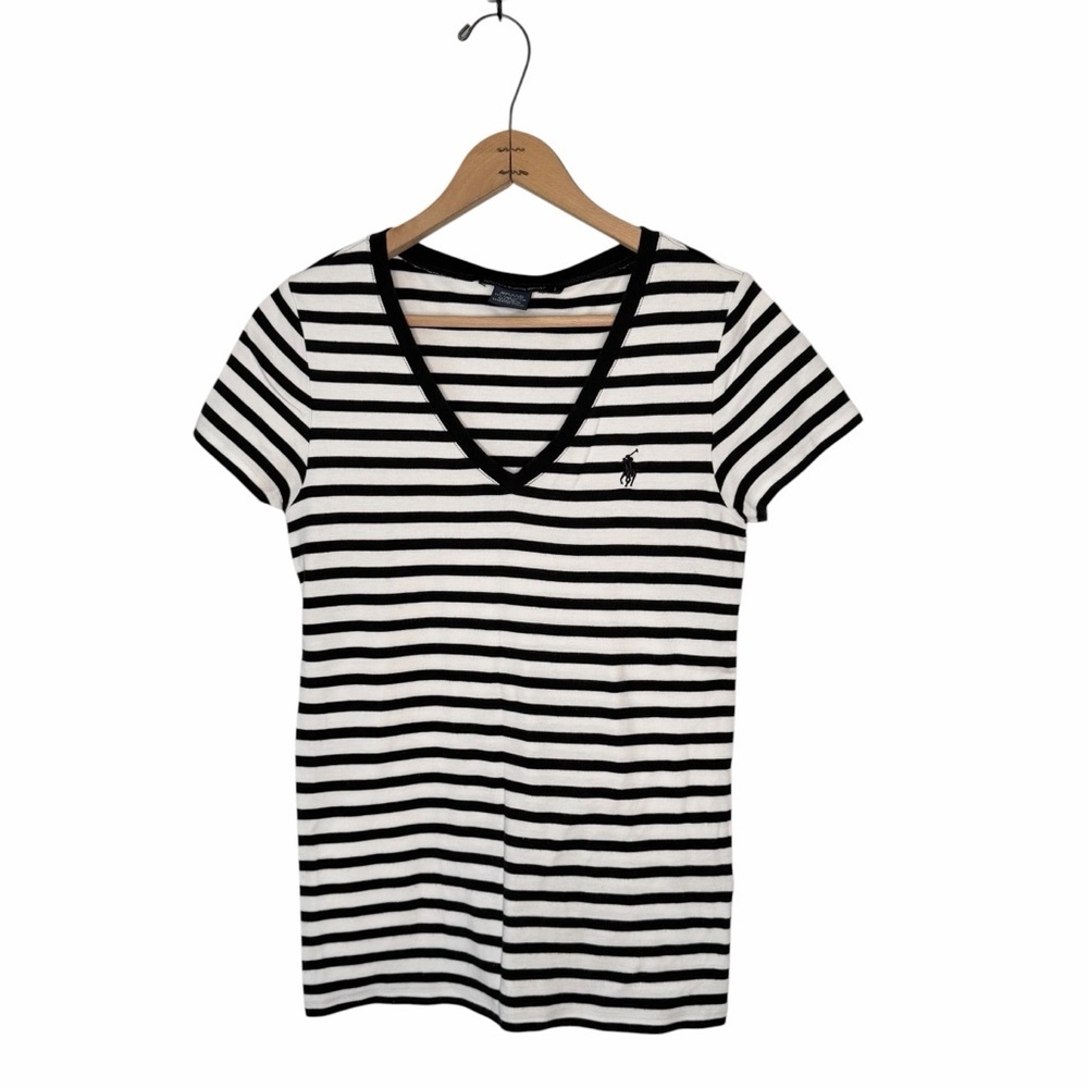 Ralph Lauren Sport Black and White Striped V-neck Short Sleeve Tee